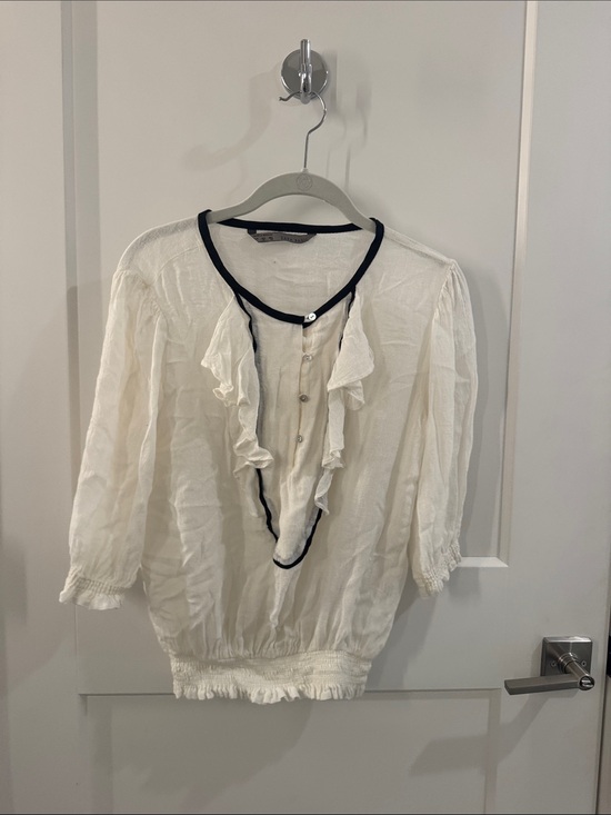 Zara Tops - ZARA Lightweight White Ruffle Blouse with Contrast Trim